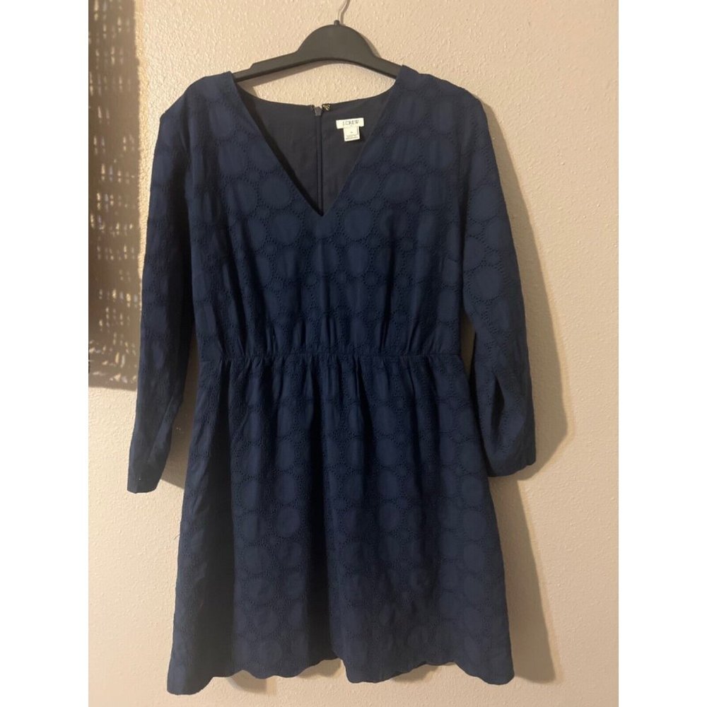 J Crew Dress Navy Blue 10 Cotton 3/4 Long Sleeve  A Line - Picture 7 of 10